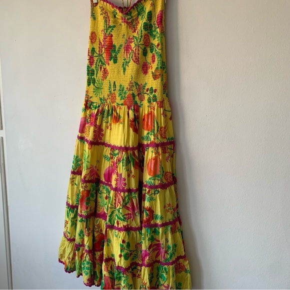 Farm Rio Delicate Fruit Garden Yellow Smocked Strapless Halter Tiered Maxi Dress - Picture 9 of 14